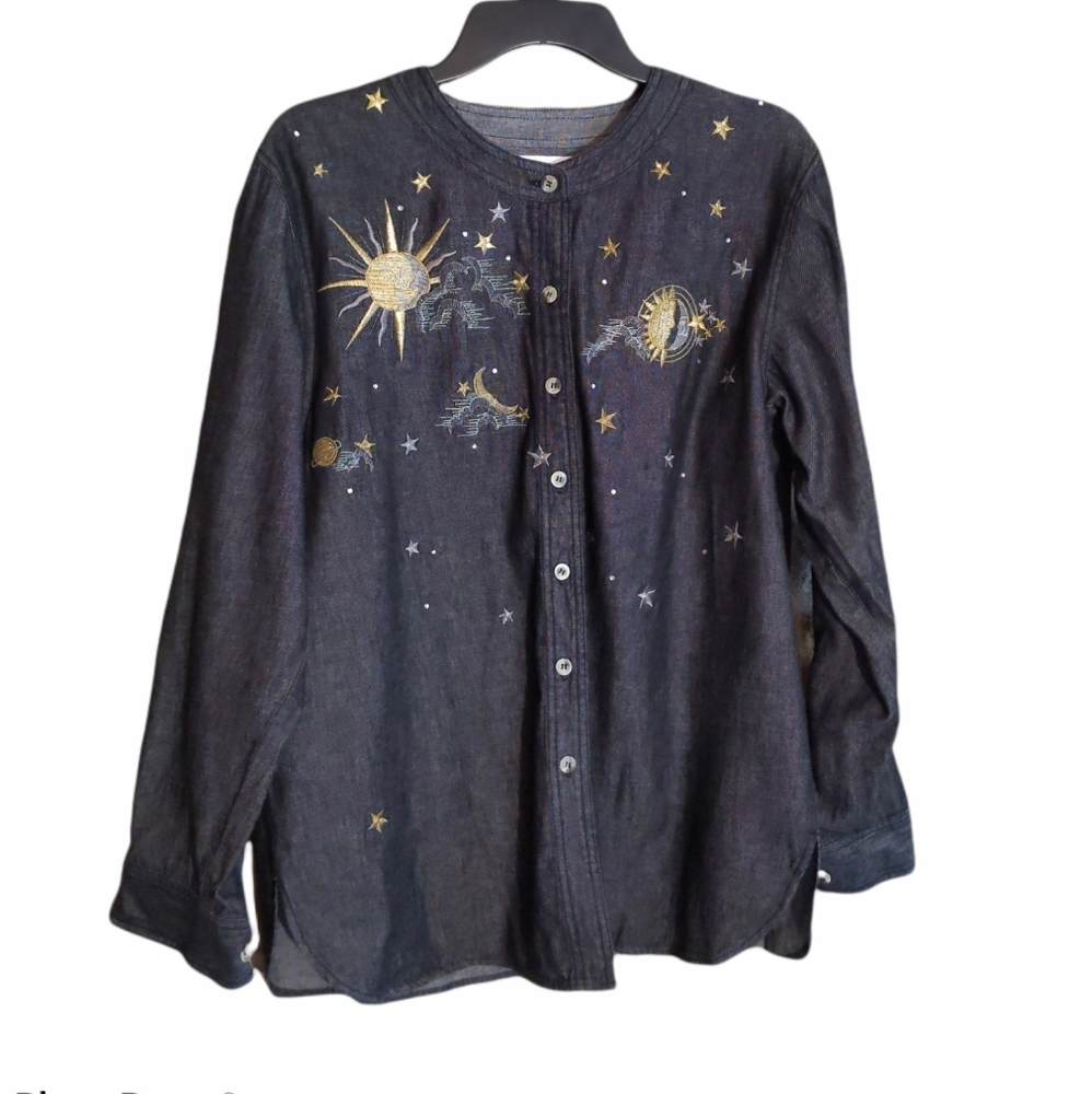 Quacker Factory Black Button-Down Shirt with Gold Celestial Embroidery